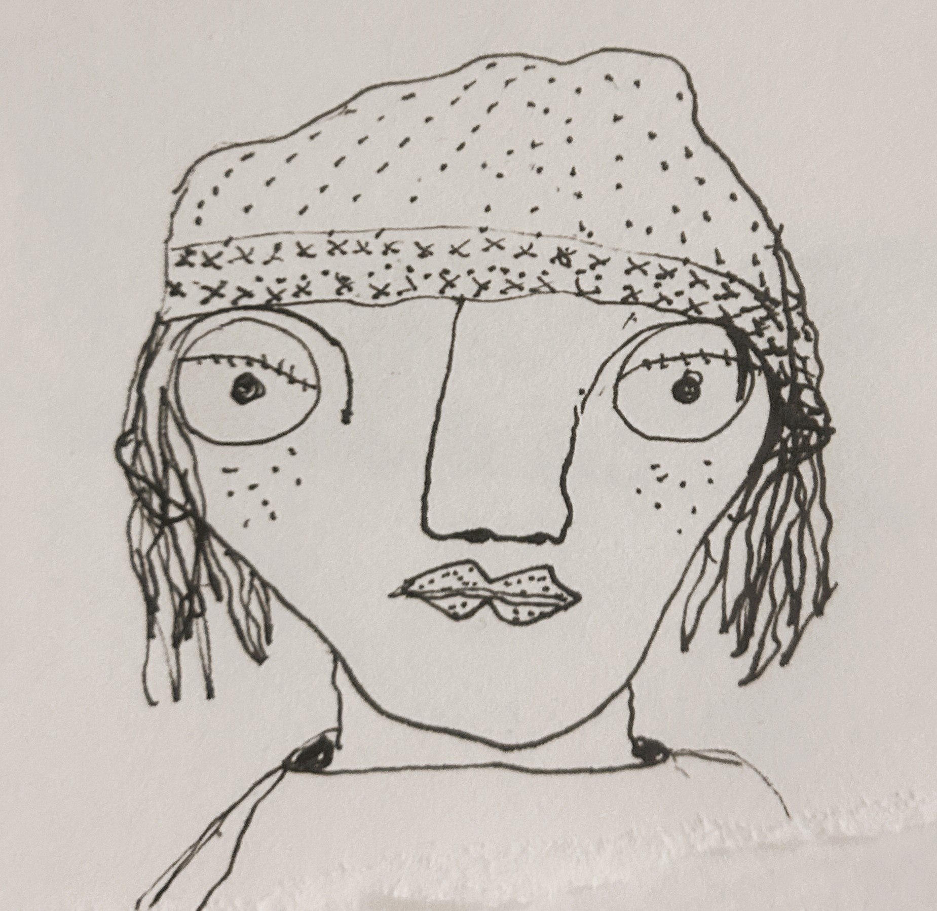 Pen drawing of person's head with beanie and shoulder length hair.